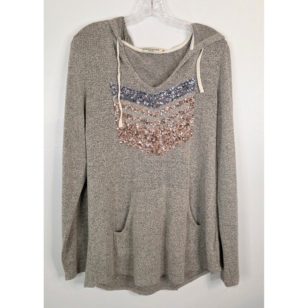 Chance or Fate Womens Gray Sequin Chevron Hoodie Pullover Size L